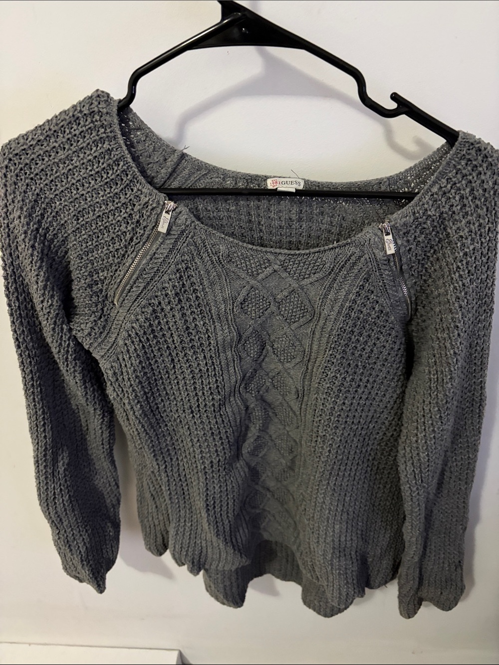 Guess Women's Charcoal Gray Cable-Knit Crewneck Sweater with Zip Details